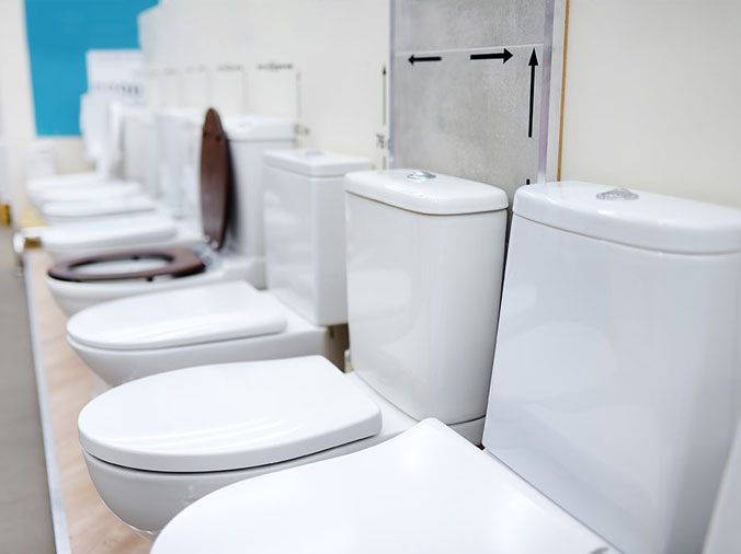 Toilets lined up in a plumbing supply store